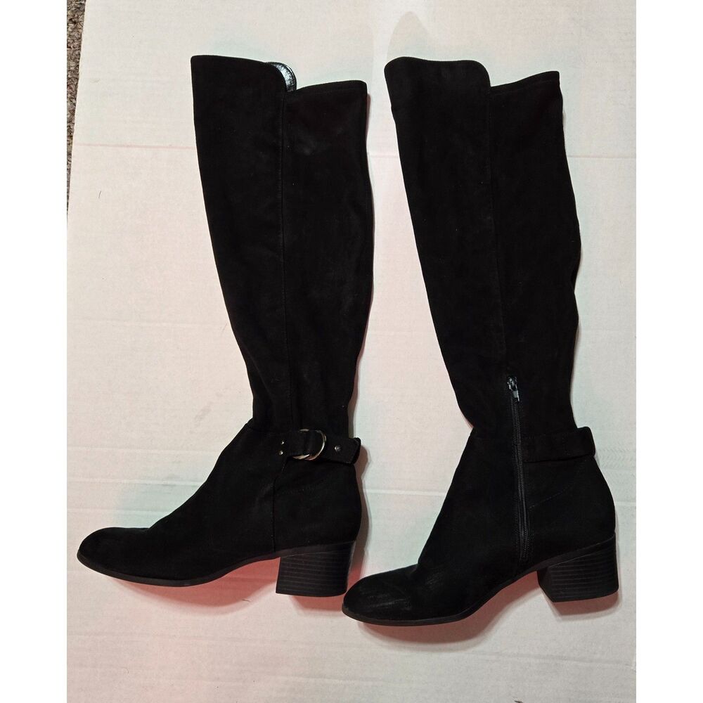 Unisa Womens Size 9M Black Faux Suede Knee High Boots Side Zip Ankle Buckle